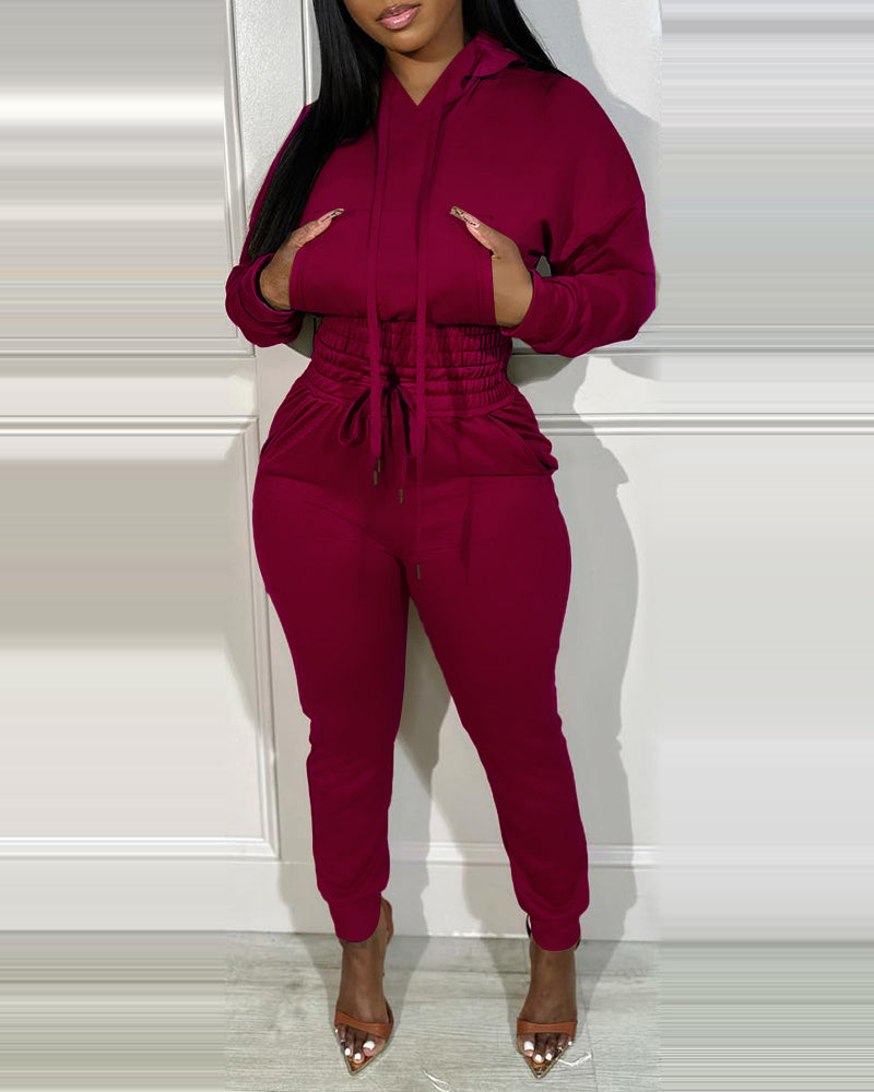 2 Pieces Outfit Drop Shoulder Kangaroo Pocket Stretchy Hem Crop Drawstring Hoodie Sweatshirt And Drawstring Elastic Waist Jogger Sweatpants Casual Tracksuit - Image 17