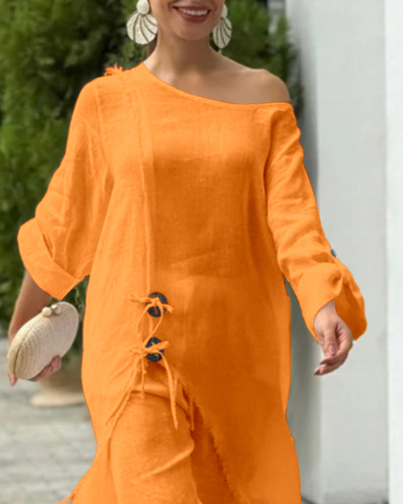 2 Pieces Outfit Button Decor One Shoulder Turn-Up Sleeves Slit Raw Edges Top and Casual Drawstring Elastic Waist Wide Leg Pants Set - Image 14