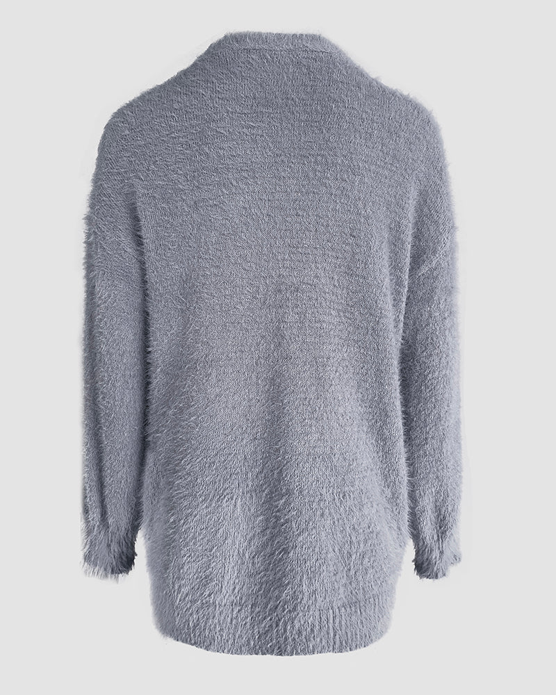 V-Neck Single Breasted Fuzzy Cardigan Casual Minimalist Sweater Coat - Image 11