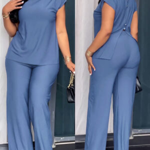 Women's 2 Piece Set Mock Neck Ruched Open Back Button Slit Top and Wide Leg Pants Casual Outfits with Pockets
