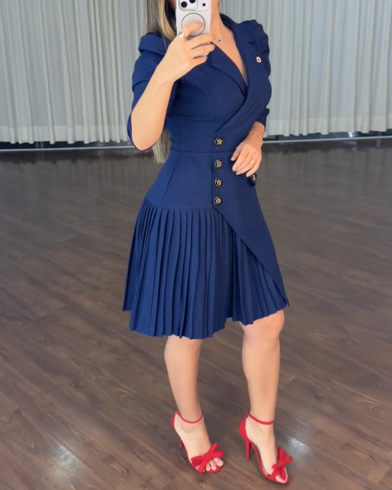 Women's Notch Lapel Blazer Dress Puff Sleeve Side Button Asymmetrical Pleated Hem A Line Work Dress - Image 2