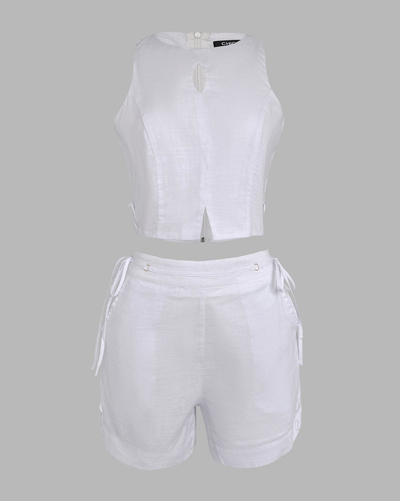 2 Pieces Outfit Button Decor Sleeveless Hollow-out Front Zipper Back Crop Top and Casual Elastic Back Waist Tie Side Shorts Set - Image 5