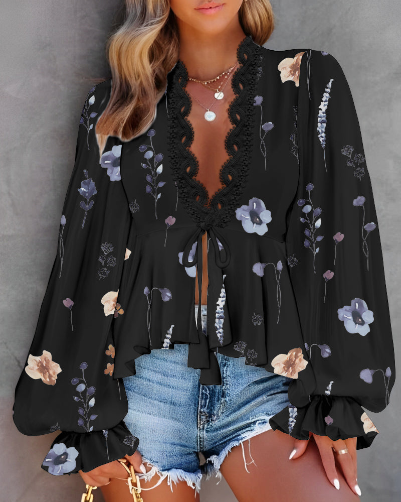Floral Print Deep V-Neck Lantern Sleeve Casual Contrast Lace Tied Detail Blouse - Image 8