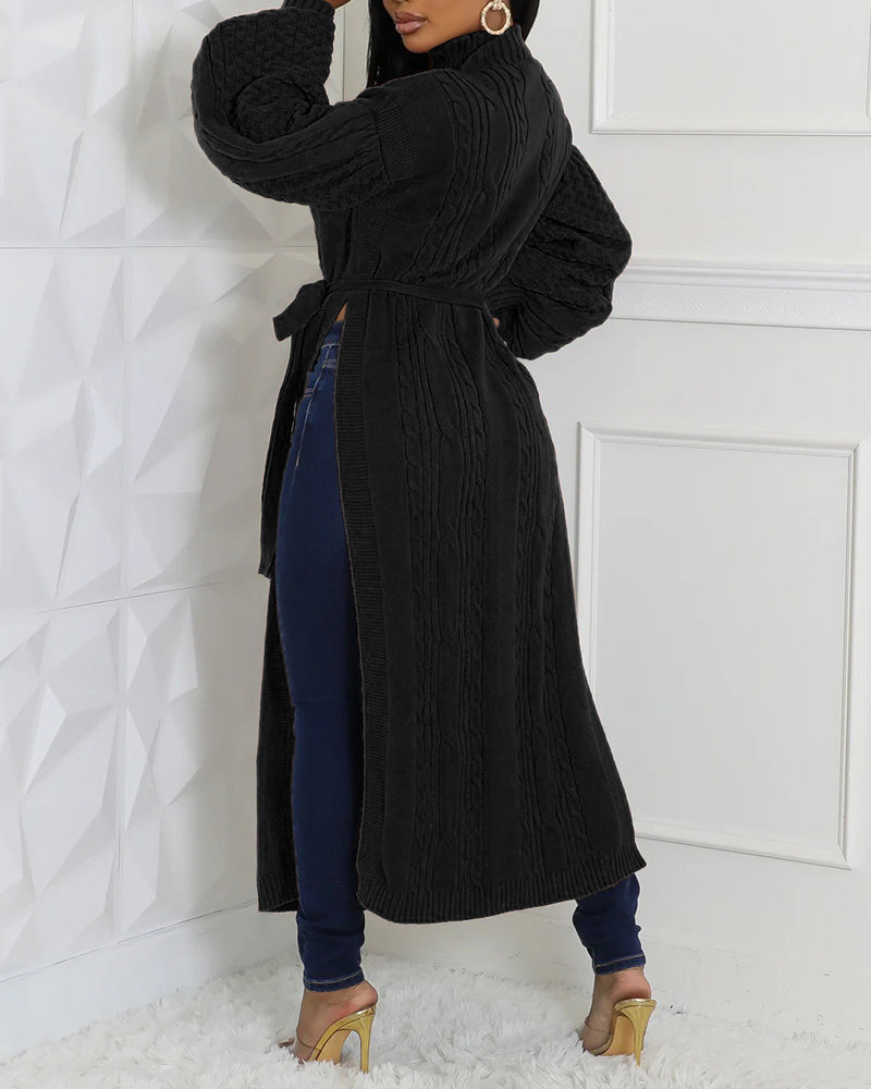 Cable Textured High Neck Lantern Sleeve Bow Tie Waist Sweater Casual High Slit Knit Longline Top - Image 12