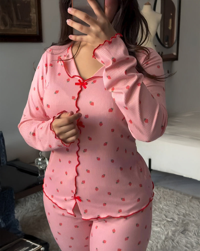 2 Pieces Outfit Bowknot Decor Turn-down Collar V-Neck Top and Elastic Waist Slit Hem Pants Set Casual Strawberry Print Frill Trim Ribbed Pajamas Set - Image 9