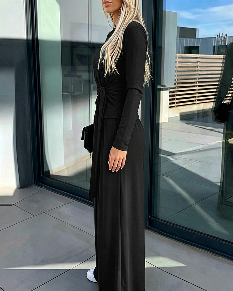 Women's 2 Piece Knit Lounge Set Long Sleeve Tie Waist Top and High Waisted Wide Leg Pants Casual Soft Sweatsuit with Pockets - Image 17