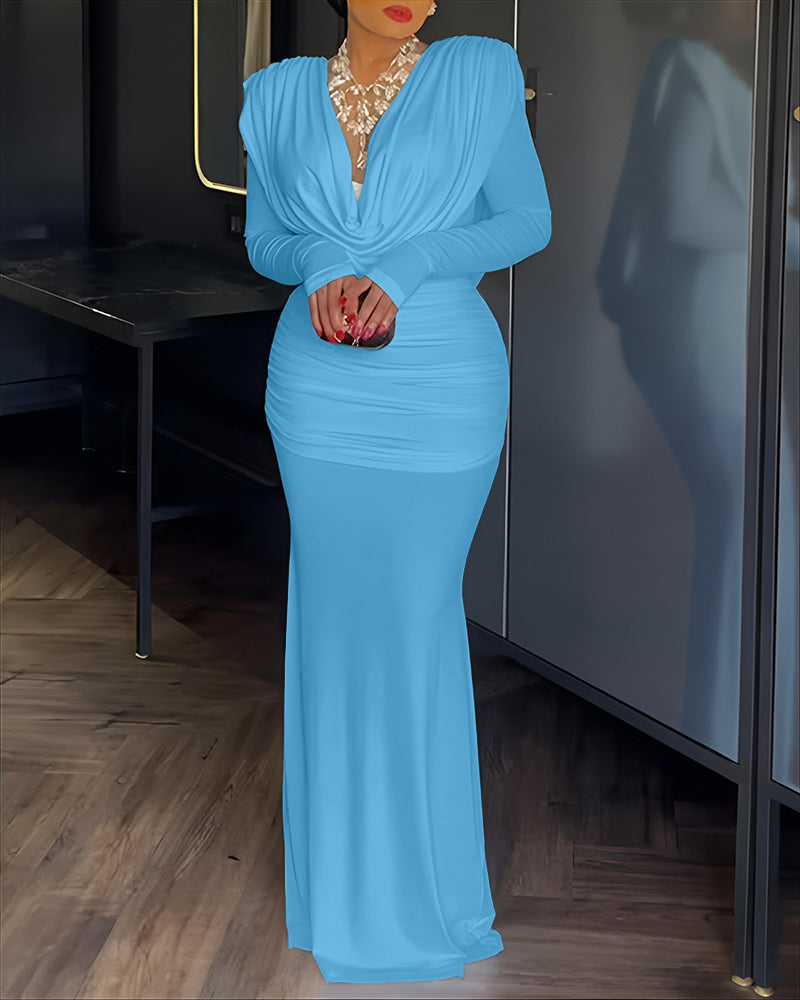 Cowl Neck Ruched Zipper Back Slim Fit Maxi Dress Casual Padded Shoulders Backless Evening Dress - Image 24