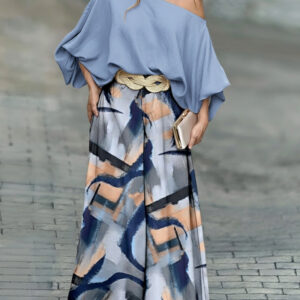 2 Pieces Outfit Skew Neck Batwing Sleeve Stretchy Hem Top and Casual Abstract Print Zipper Fly Elastic Back Waist Wide Leg Pants Set without Belt