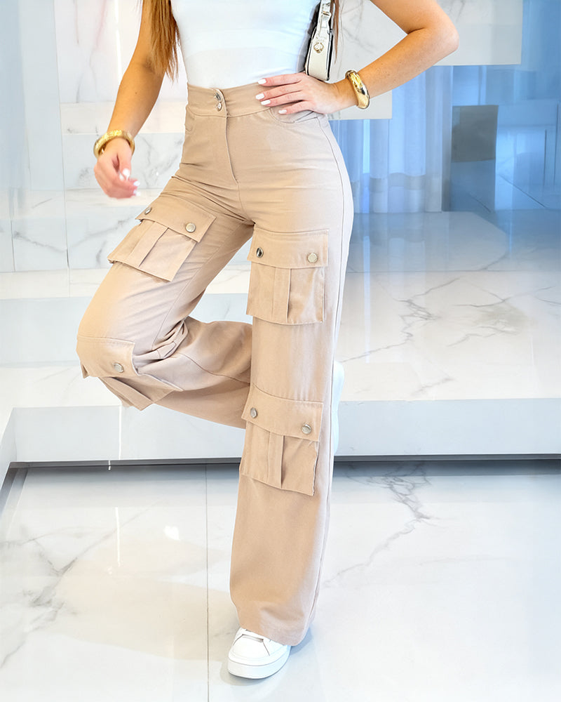 High Waist Zipper Fly Multiple Flap Pockets Design Utility Pants Casual Elastic Back Waist Wide Leg Cargo Pants - Image 2