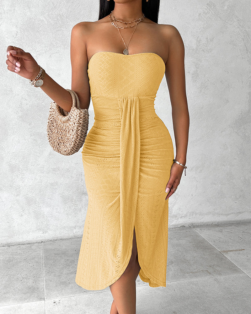 Sleeveless Ruched Cinched Waist Draped Bandeau Dress Eyelet Embroidery Slit Asymmetrical Hem Vacation Dress - Image 25