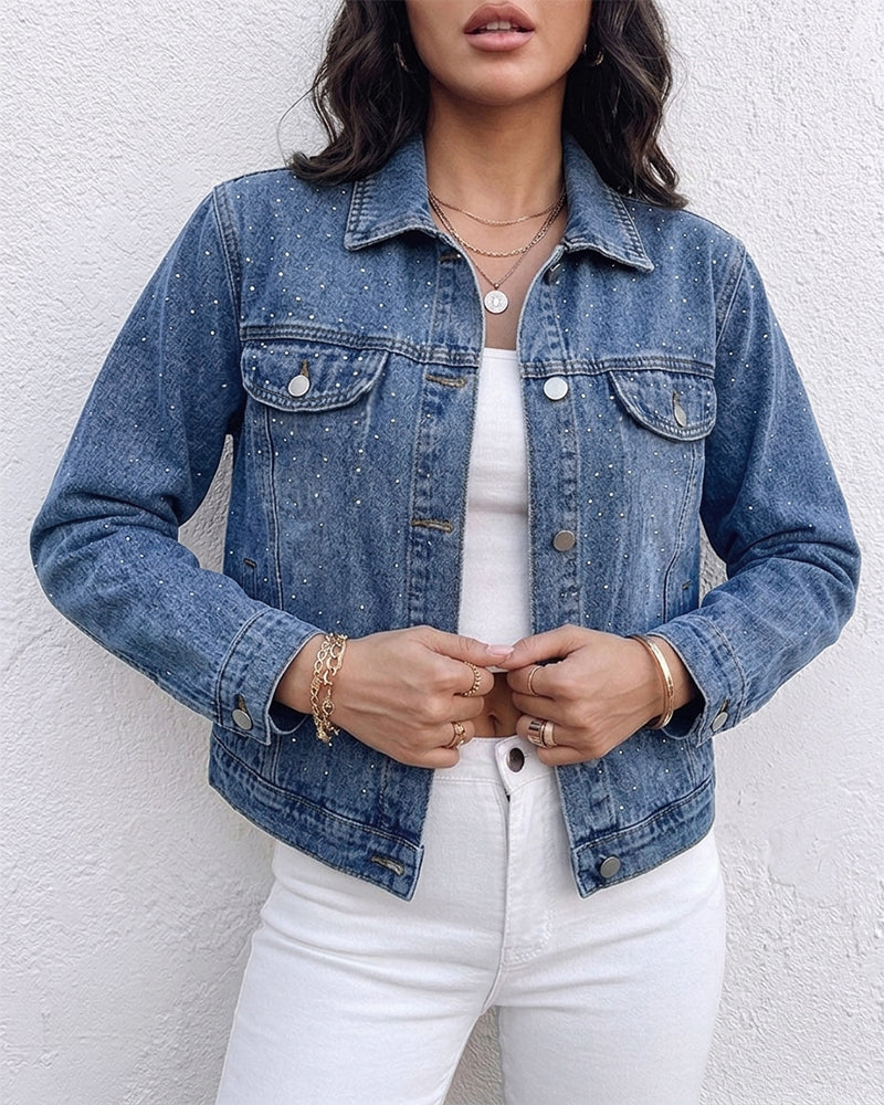Women's Rhinestone Denim Jacket Vintage Washed Button-Down Jean Jacket Sparkly Loose Fit Streetwear Outwear - Image 3