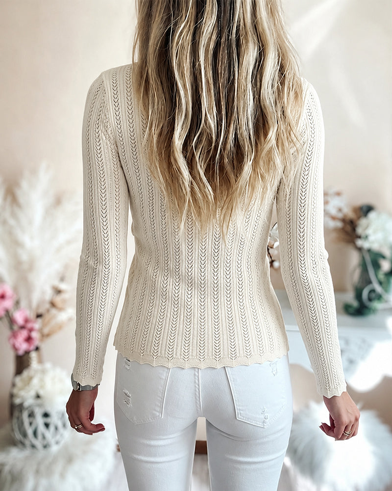 Women's Crossover V Neck Knit Top Side Button Ruched Long Sleeve Sweater Scallop Trim Slim Fit Casual Top - Image 4