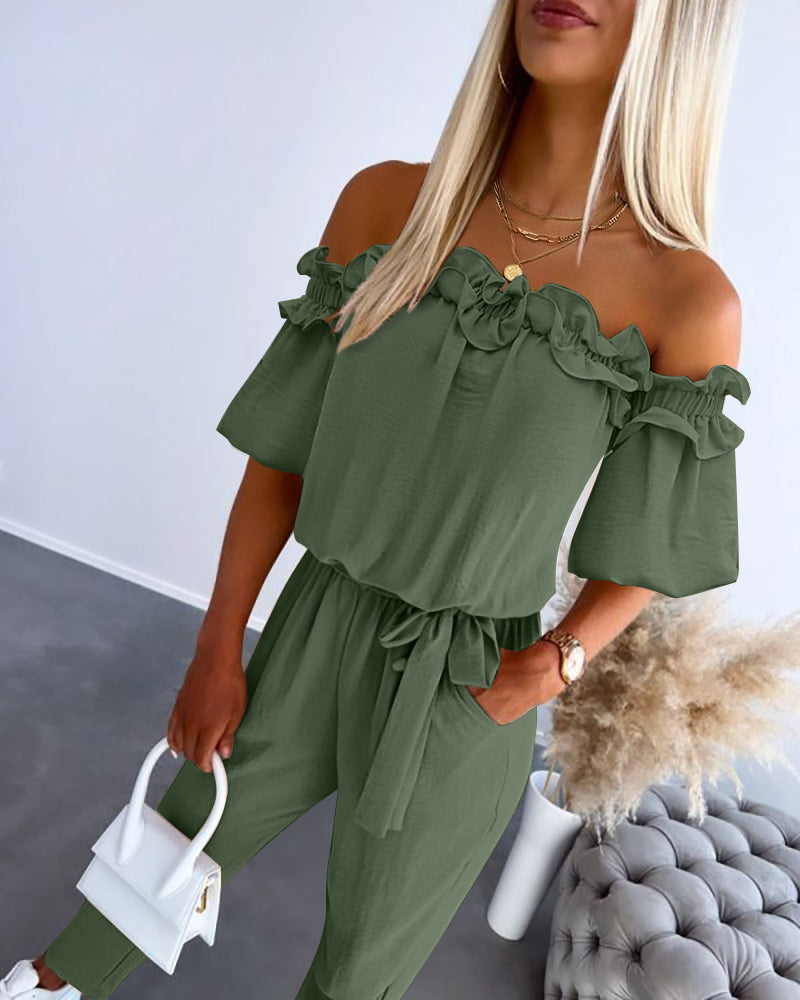 Frill Trim Off Shoulder Short Sleeve Tie Waist Overalls Casual Textured Jumpsuit - Image 16