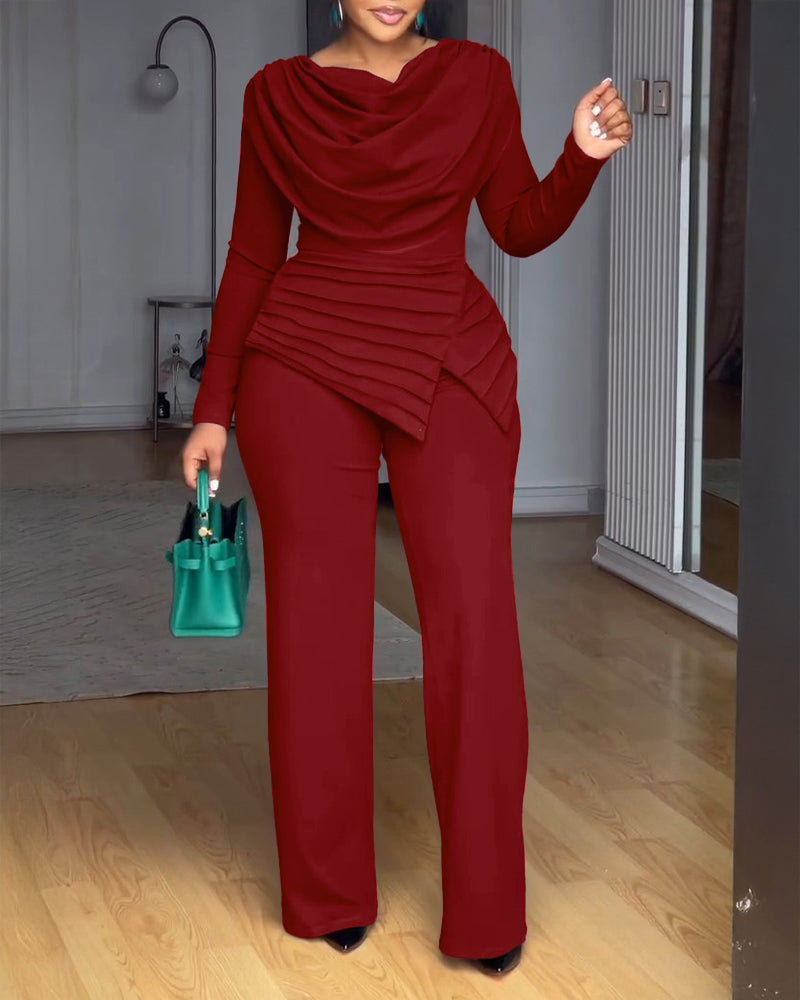 Cowl Neck Asymmetrical Textured Patchwork Cinched Waist Jumpsuit Casual Zipper Back Wide Leg Jumpsuit - Image 23