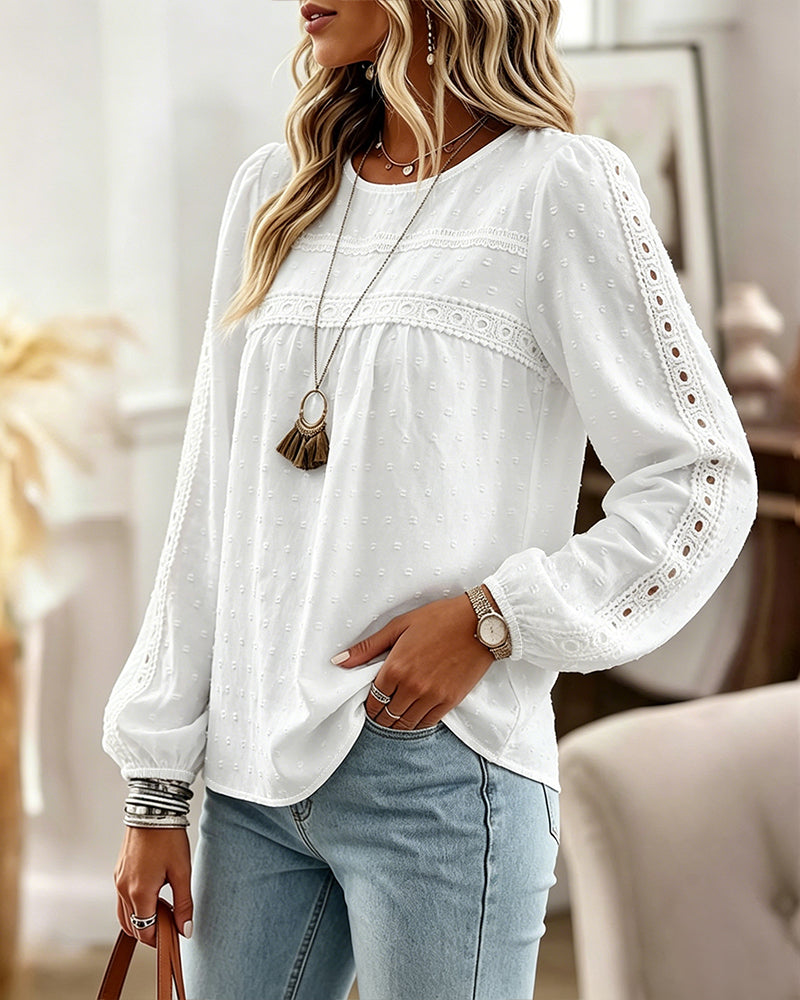 Women's Hollow-Out Lace Spliced Lantern Sleeve Top Elegant 3D Jacquard Chiffon Blouse for Work and Daily Wear - Image 5