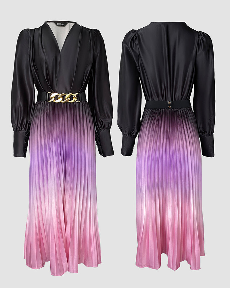 Ombre Deep V Neck Long Sleeve Pleated Mid-length Dress With Chain Decor Belt - Image 5