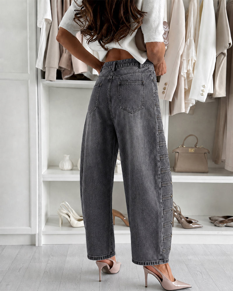 Women's Wide Leg Jeans High Waisted Side Button Denim Pants Distressed Washed Trousers Retro Y2K Streetwear - Image 16