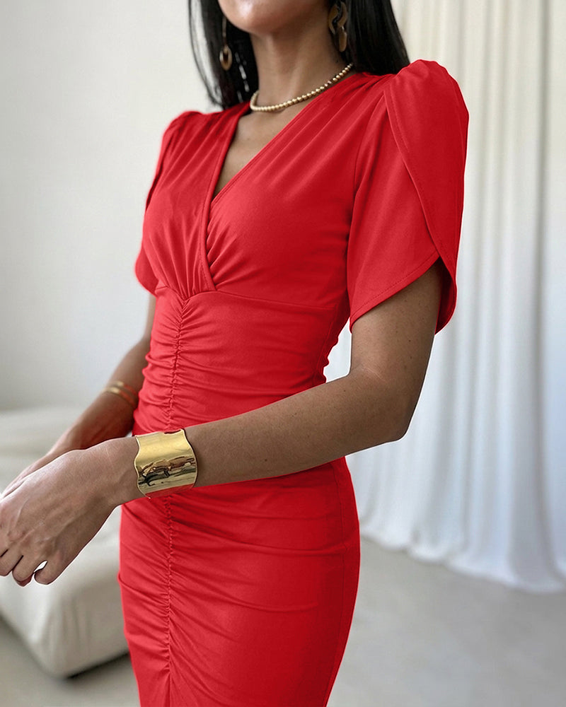 Women's Ruched V Neck Midi Dress Petal Short Sleeve Slit Party Gown Elegant Evening Dress - Image 7