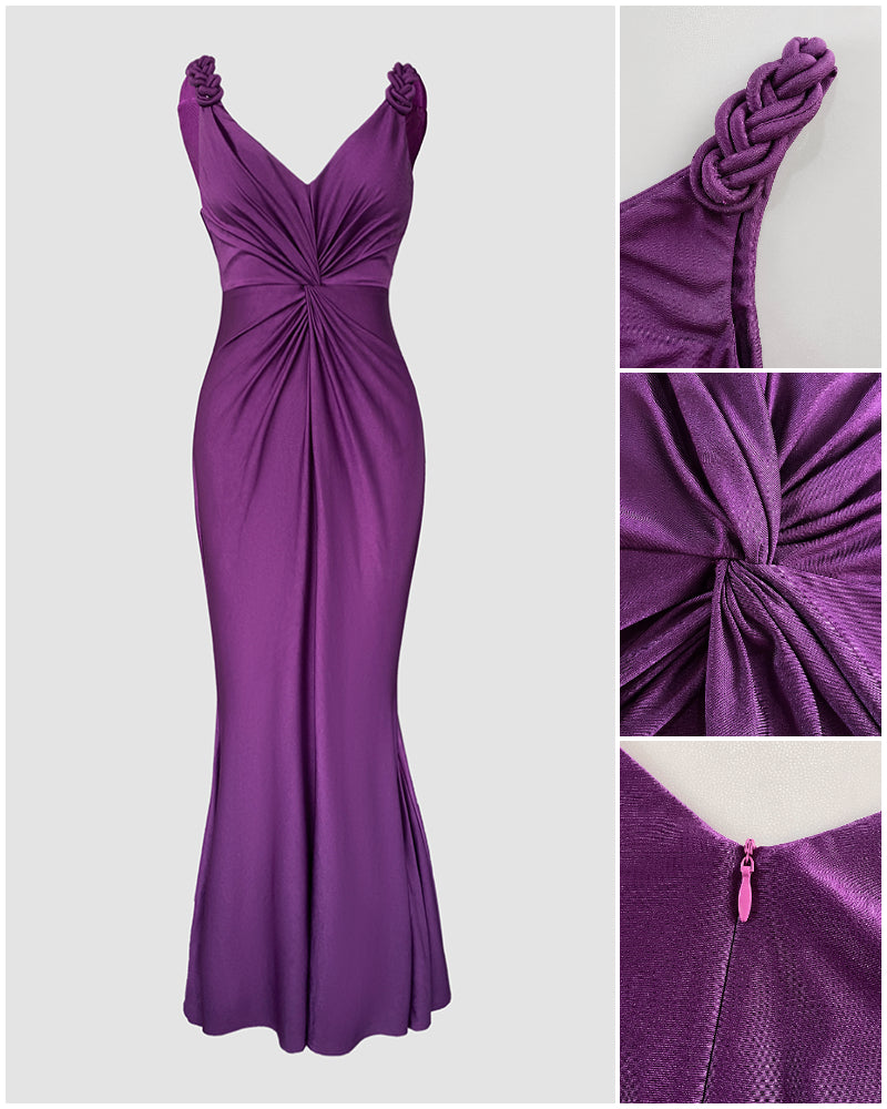 Deep V-Neck Braided Straps Twist Front Cinched Waist Evening Dress Casual Zipper Back Mermaid Hem Satin Maxi Dress - Image 3