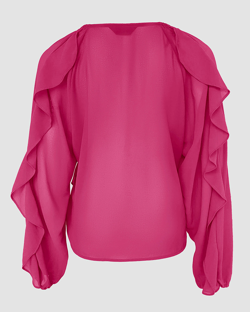 V Neck Shoulder Ruffles Design Blouse Casual Button Front Long Sleeve Top - Image 20