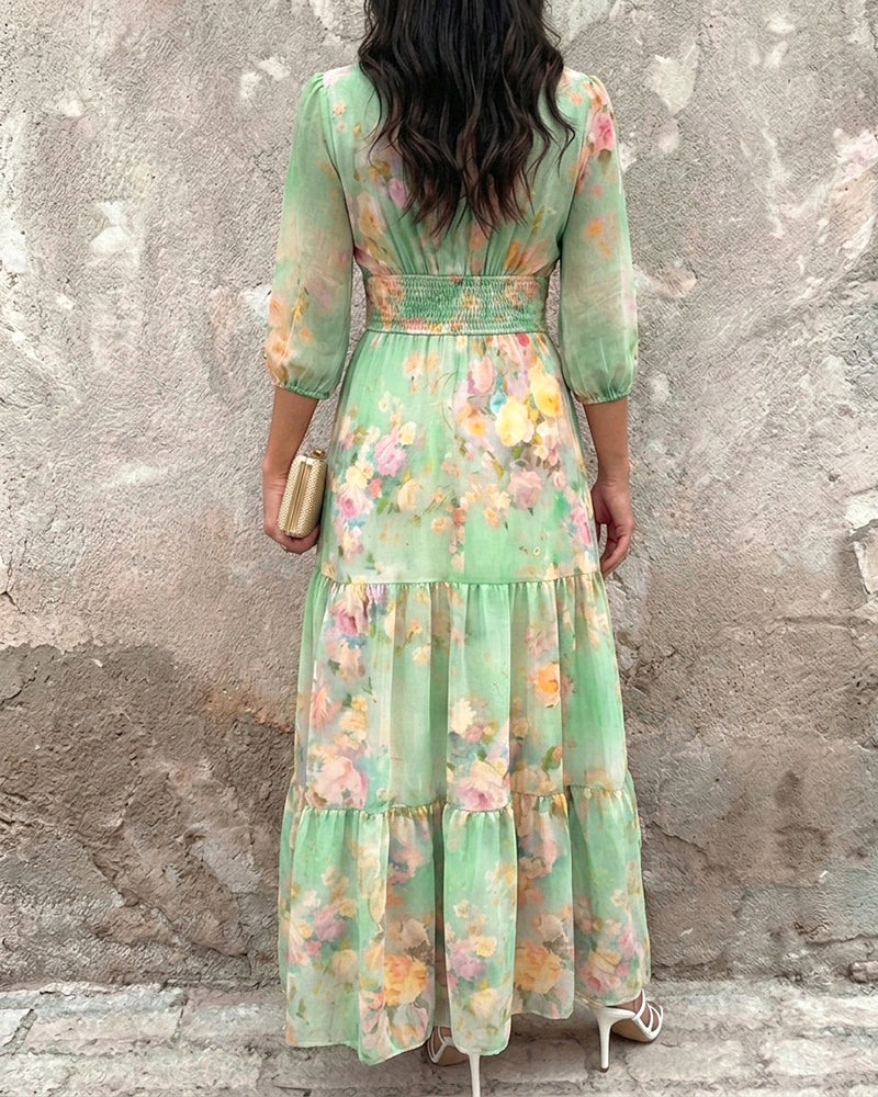 CHICME Women's Watercolor Floral V-Neck Shirred High Waist Maxi Dress Three Quarters Lantern Sleeve A-Line Ruffle Hem Chiffon Vacation Dress - Image 7