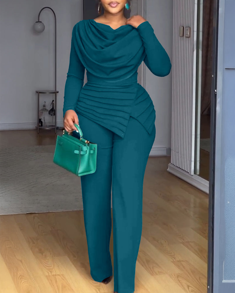 Cowl Neck Asymmetrical Textured Patchwork Cinched Waist Jumpsuit Casual Zipper Back Wide Leg Jumpsuit - Image 14