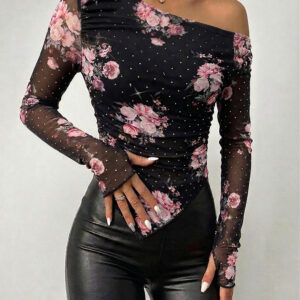 Women's Skew Neck Floral Mesh Top Rhinestone Long Sleeve Shirt Ruched Slim Fit Asymmetrical Hem Blouse with Thumbholes