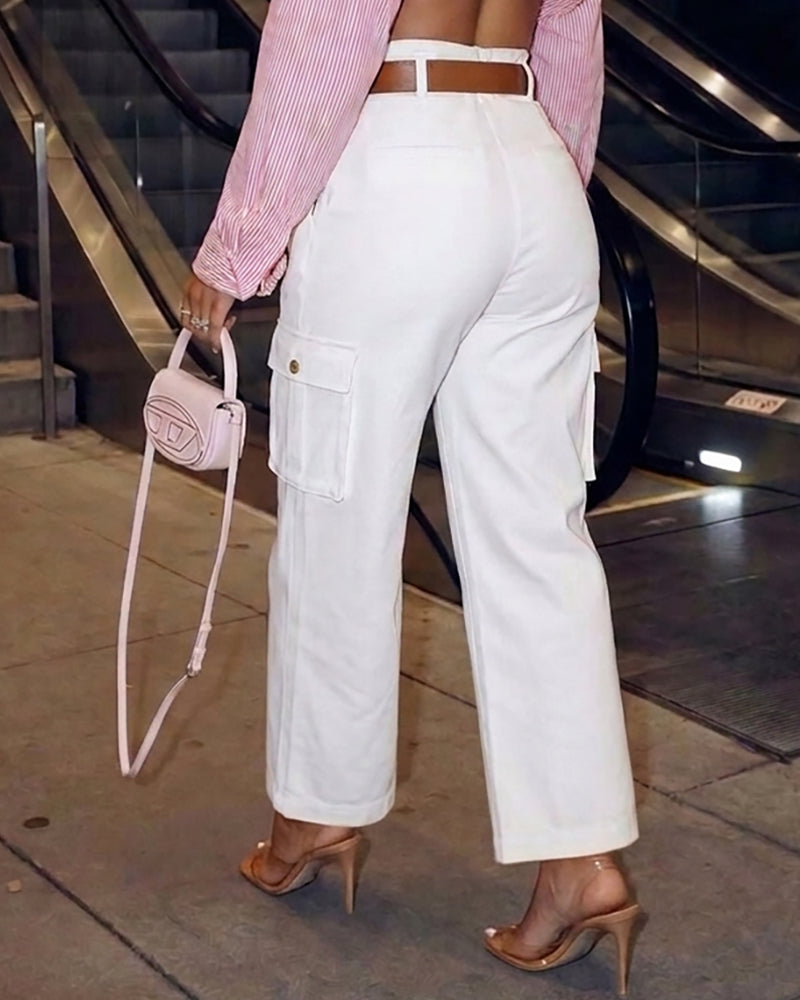 Women's Pockets Design Cargo Pants Casual High Waisted Trousers with Contrast Belt - Image 6