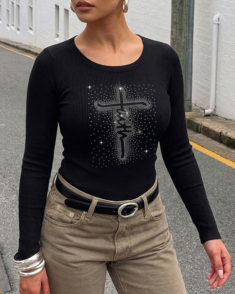 Women's Square Neck Long Sleeve Top Rhinestone Faith Letter Graphic Ribbed Knit Shirt Slim Fit Casual Sparkly Tee - Image 4