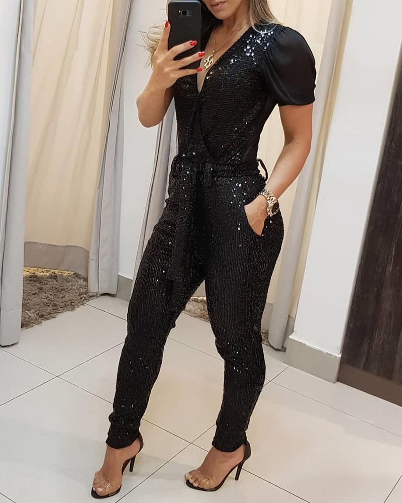 Women's Sequin Jumpsuit Sexy Deep V Neck Sheer Mesh Sleeve Overalls with Belt - Image 5