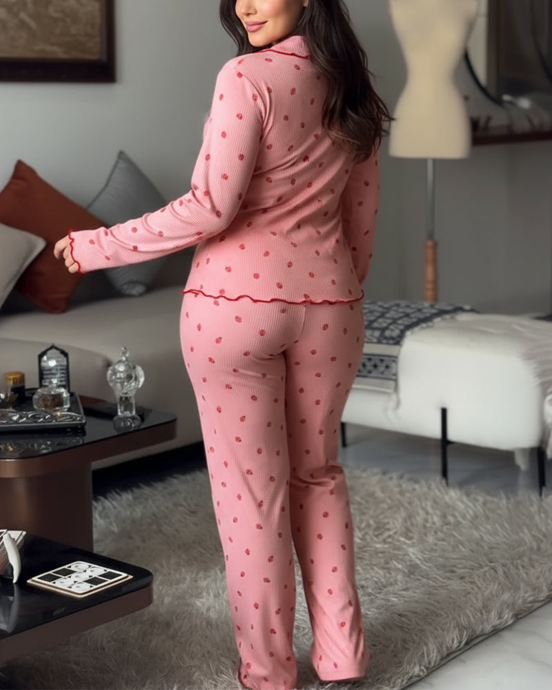 2 Pieces Outfit Bowknot Decor Turn-down Collar V-Neck Top and Elastic Waist Slit Hem Pants Set Casual Strawberry Print Frill Trim Ribbed Pajamas Set - Image 2