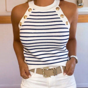 Women's Halter Neck Tank Top Striped Sleeveless Gold Button Contrast Binding Knit Top