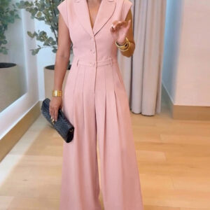 Women's Lapel V Neck Jumpsuit Cap Sleeve High Waisted Wide Leg Overalls Elegant Suit Jumpsuit