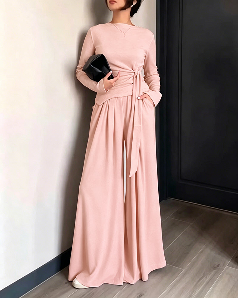 Women's 2 Piece Knit Lounge Set Long Sleeve Tie Waist Top and High Waisted Wide Leg Pants Casual Soft Sweatsuit with Pockets - Image 10