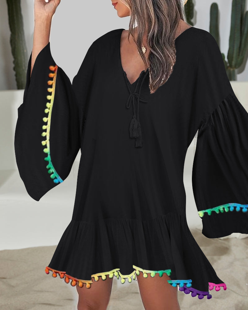 Colorblock V-Neck Bell Sleeve A Line Tassel Mini Dress Vacation Dress - Image 2