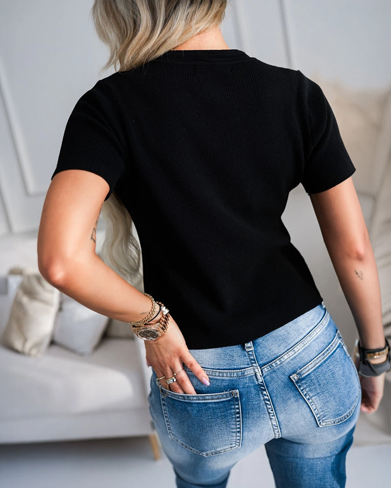 Women's Rib-Knit Short Sleeve Cardigan Gold Flower Button Round Neck Sweater Casual Top - Image 12