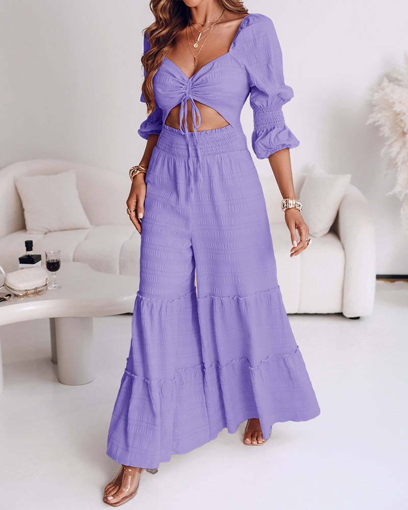 Sweetheart Neck Puff Sleeve Drawstring Front Shirred Overalls Casual Cutout Front Ruffle Hem Wide Leg Jumpsuit - Image 10