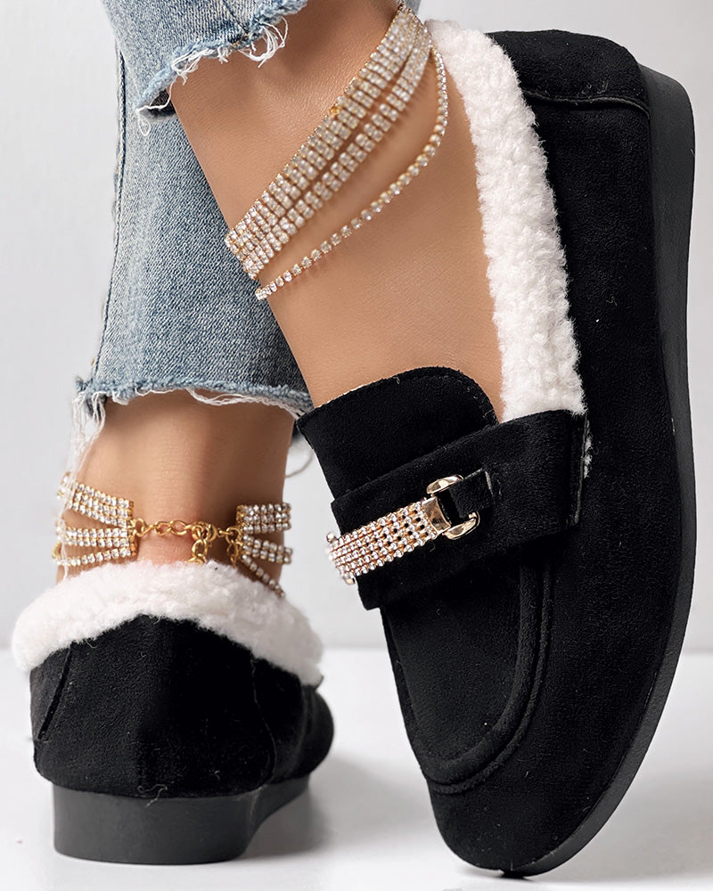 Rhinestone Chain Decor Thermal Lined Faux Shearling Trim Casual Flat Slip-On Loafers without Anklet Bracelet - Image 2