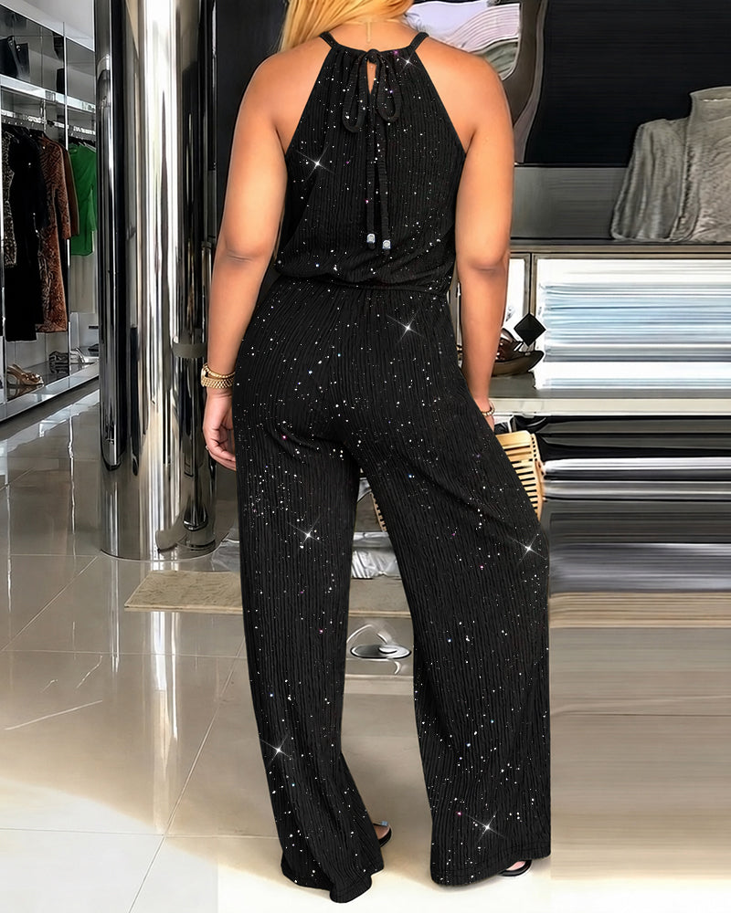 Women's Glitter Halter Tie Jumpsuit Casual Hollow Out Wide Leg Overalls Sparkling Drawstring Waist Jumpsuit with Pockets - Image 5