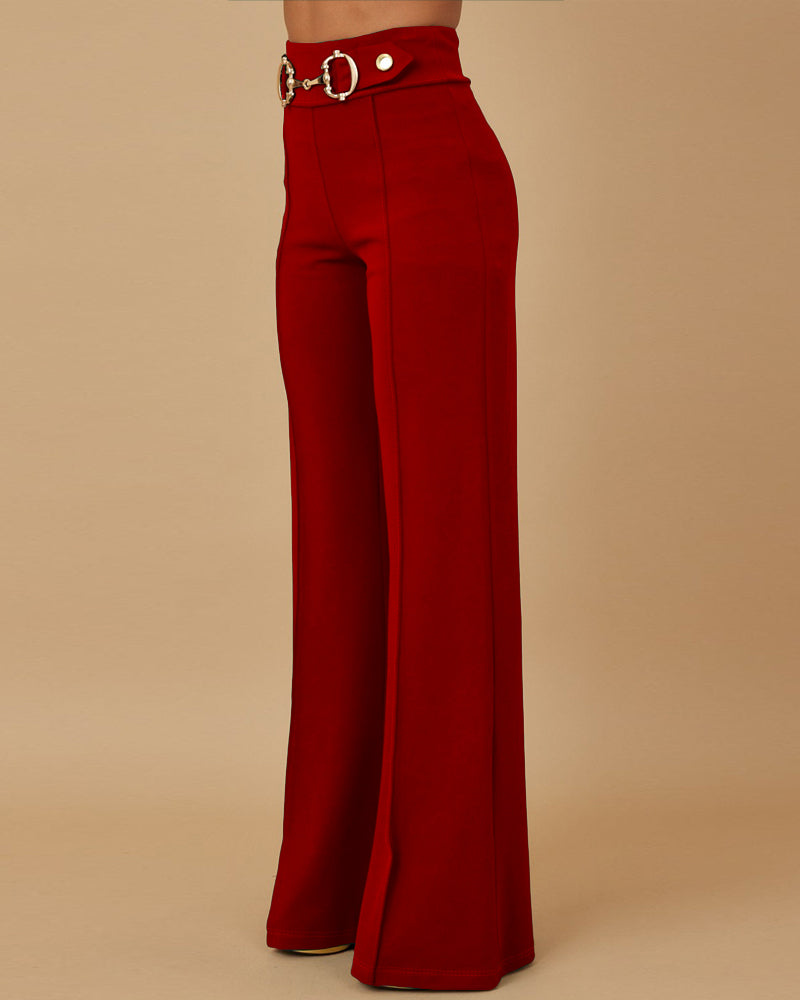 Metal Button Decor High Waist Casual Straight Leg Work Pants - Image 11