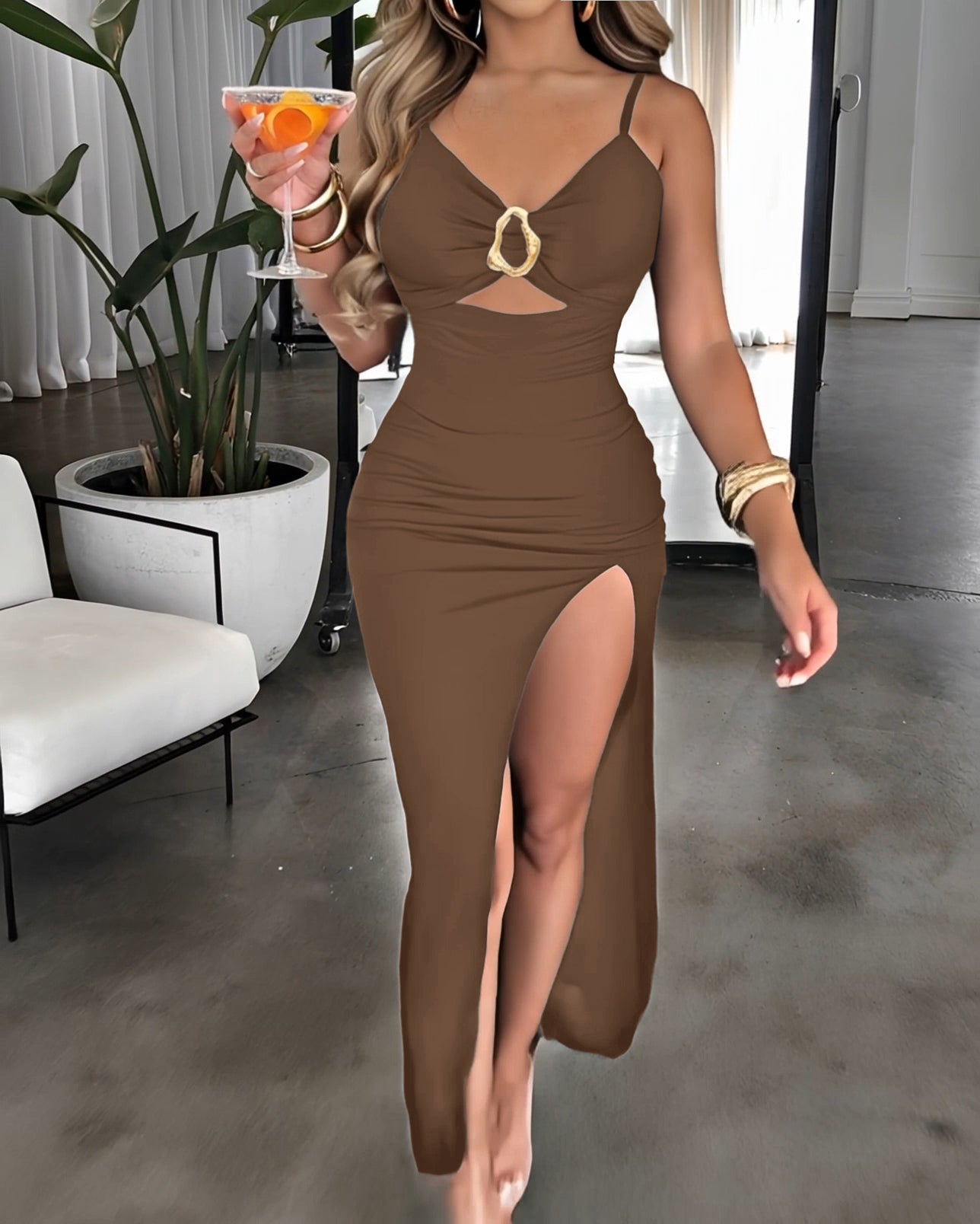 Metal Ring Decor V-Neck Adjustable Spaghetti Straps Bodycon Dress High Slit Hollow-out Evening Dress - Image 17