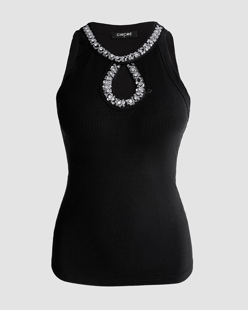 Rhinestone Contrast Sequin Keyhole Neck Sleeveless Slim Fit Elasticity Ribbed Top Elegant Tank - Image 6