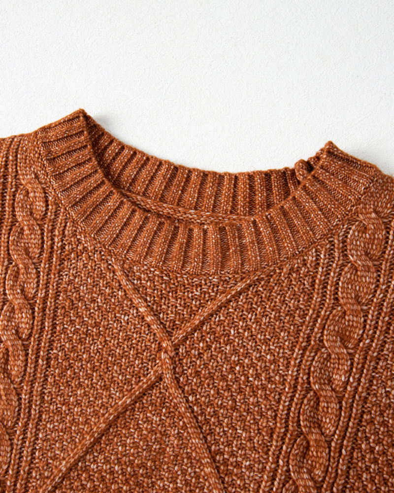 Round Neck Long Sleeve Drop Shoulder Pullover Sweater Casual Loose Fit Cable Knit Mid Length Sweater - Image 20