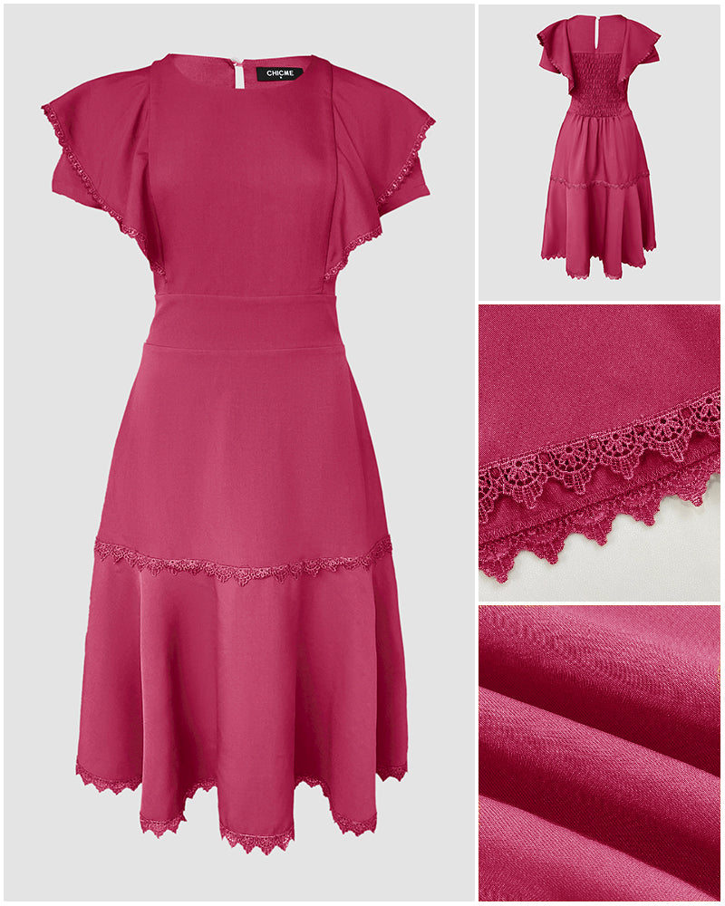 Butterfly Sleeve Hollow-out Back Shirred Dress Casual Cinched Waist Lace Trim Ruffle Hem Commuting Dress - Image 13