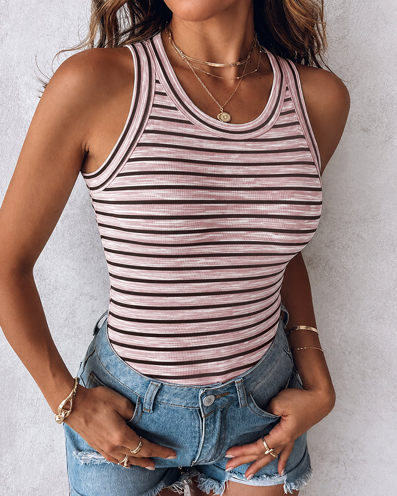 Women's Striped Racerback Tank Top Slim Fit Ribbed Sleeveless Top with Built in Bra - Image 21