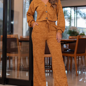 2 Pieces Outfit Fuzzy Knit Lantern Sleeve Cardigan and Casual Drawstring Wide Leg Pants Set