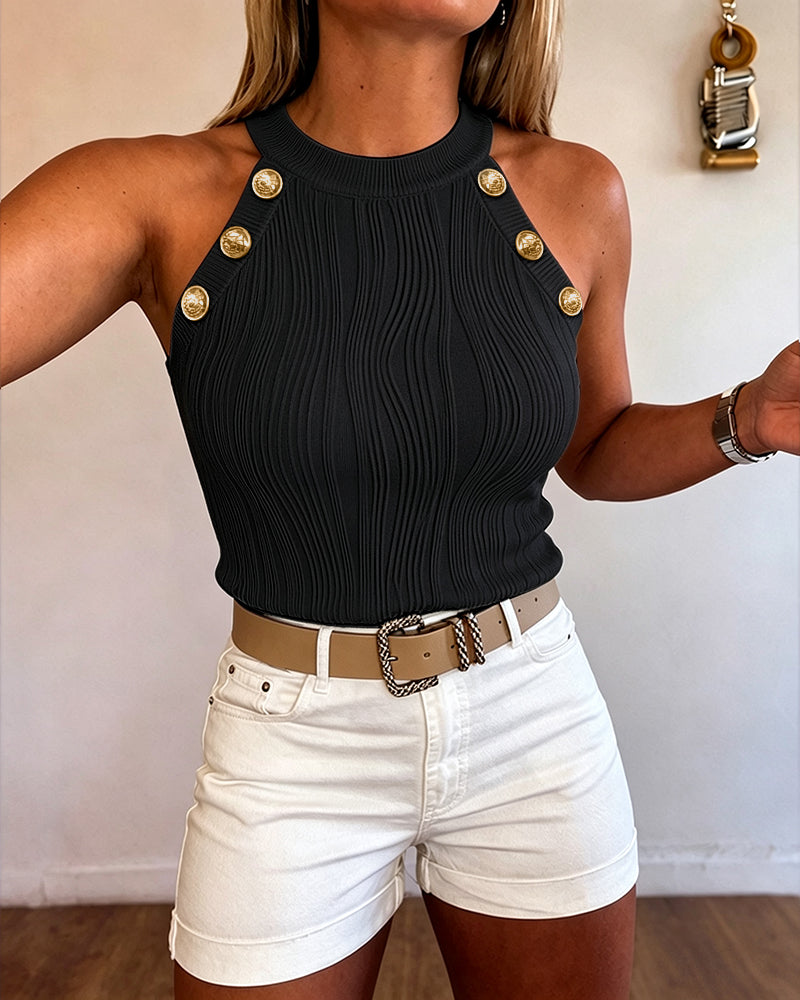 Women's Halter Neck Tank Top Vintage Gold Button Wave Textured Sleeveless Slim Fit Top - Image 13