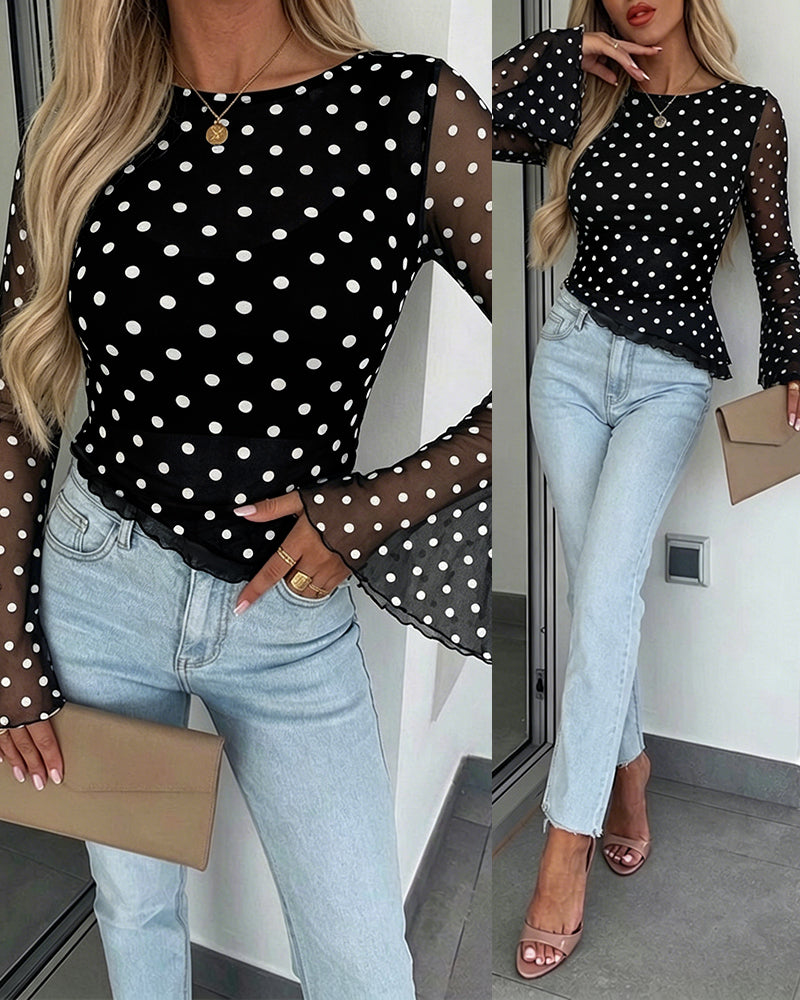 Women's Polka Dot Mesh Top Flare Long Sleeve Boat Neck Lined Asymmetric Frill Hem Blouse Vintage Party Shirt - Image 26