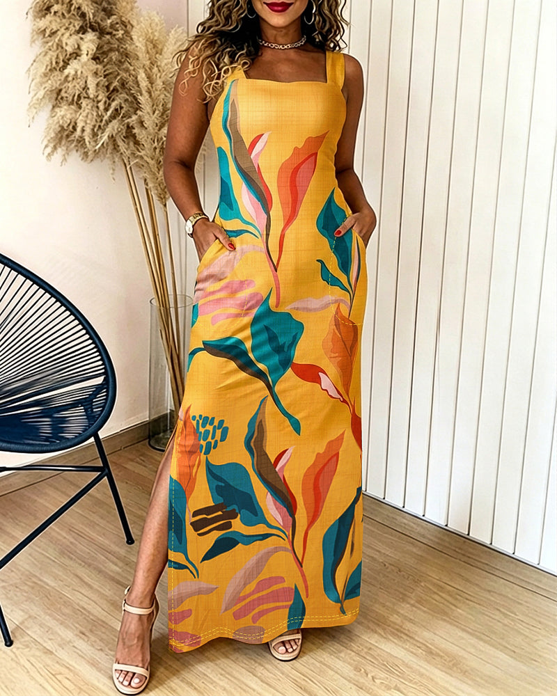 Plants Placement Print Square Neck Thick Strap Side Slit Maxi Dress Casual Vacation Dress with Pockets - Image 4