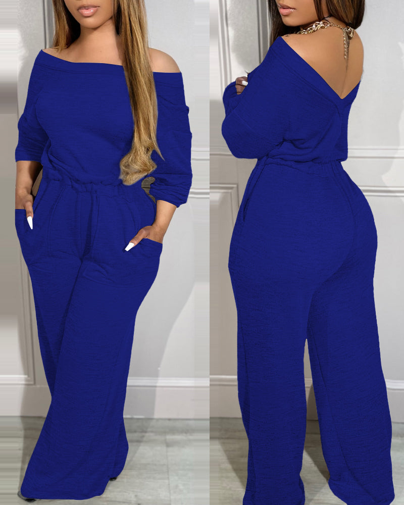 Off Shoulder V Back Elastic Waist Pockets Design Jumpsuit Casual Drop Shoulder Cinched Waist Wide Leg Jumpsuit - Image 11
